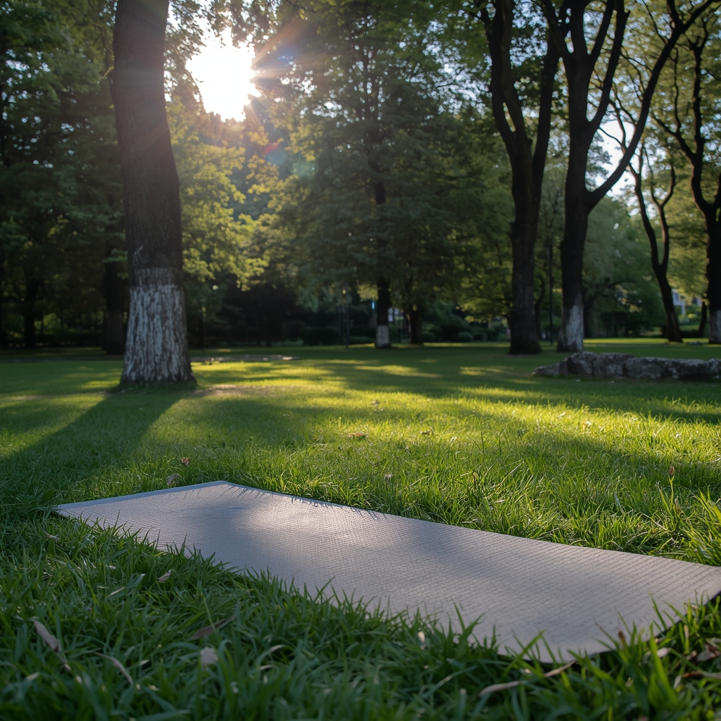 A yoga mat placed on green grass in a park with sunlight filtering through trees, representing outdoor fitness, no people